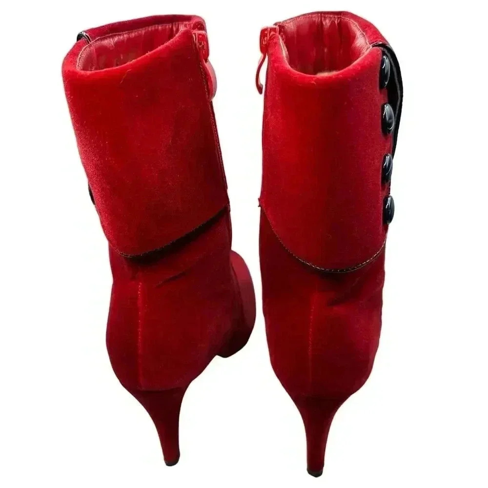 Red Velvet Victorian Inspired Platform Booties Button Accent Stiletto Heel - Picture 15 of 16